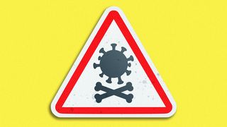 Illustration of a street sign featuring a skulls and bones with a virus icon in place of the skull